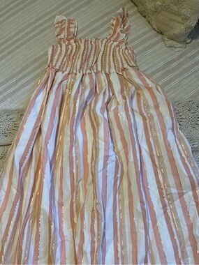 Girls Pink & White Striped Maxi Dress with Gold Accents